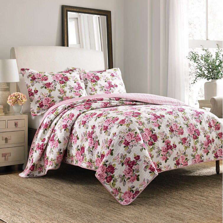 Laura Ashley Lidia Pink Floral 100% Cotton Reversible Quilt Set